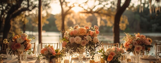 Elegant outdoor wedding decor: soft pink hues, golden accents, and floral centerpieces exuding romance and sophistication in a natural setting. 
