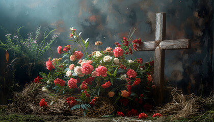 Wooden cross with roses and straw against vintage background