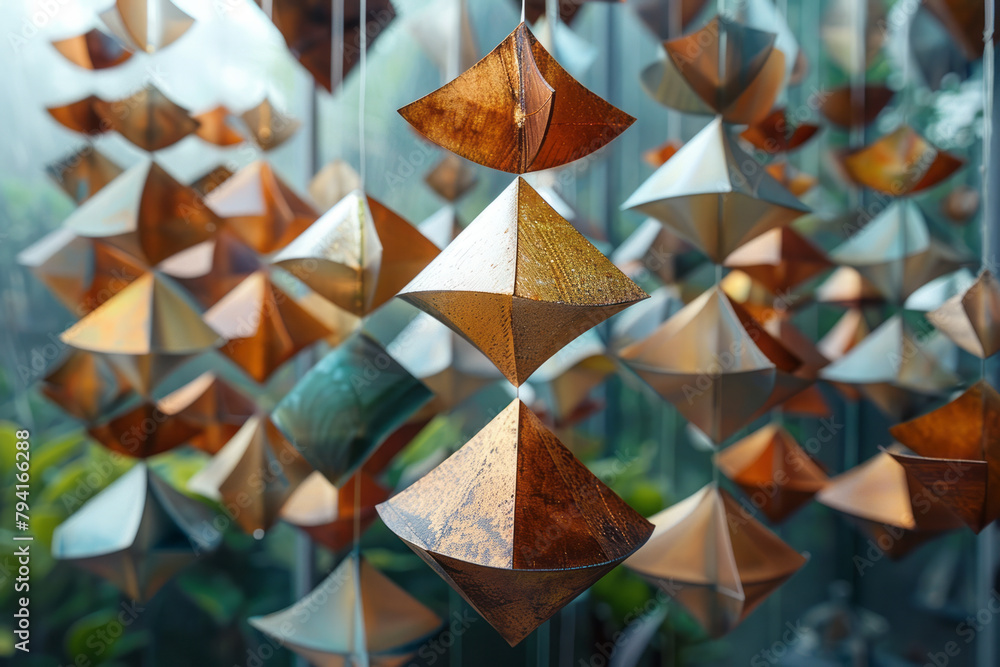 Poster an art installation of suspended shapes where each layer adds a level of complexity to a fundamental