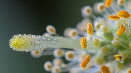 A of pollen grains attached to the end of a flowers stamen with each individual grain clearly visible and distinct.