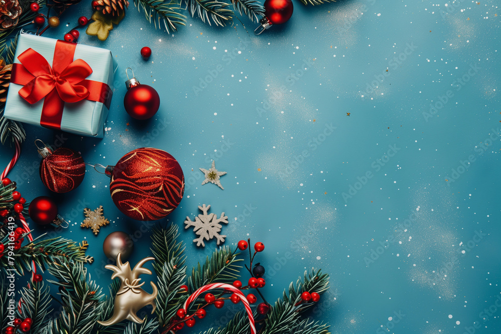 Poster a blue background with a red ribbon and a blue box with a red bow on top. there are many red and gol