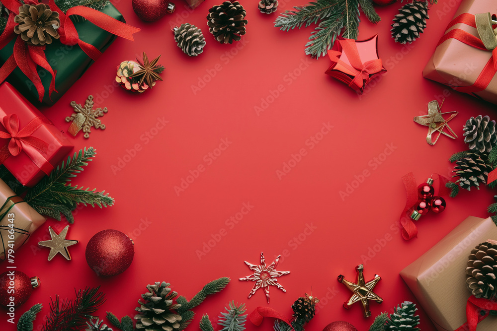 Poster a red background with a christmas tree decoration. the tree has a star on top and a pinecone on the 