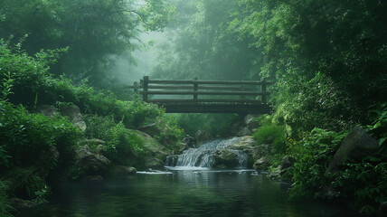 A bridge over a stream in a lush green forest
