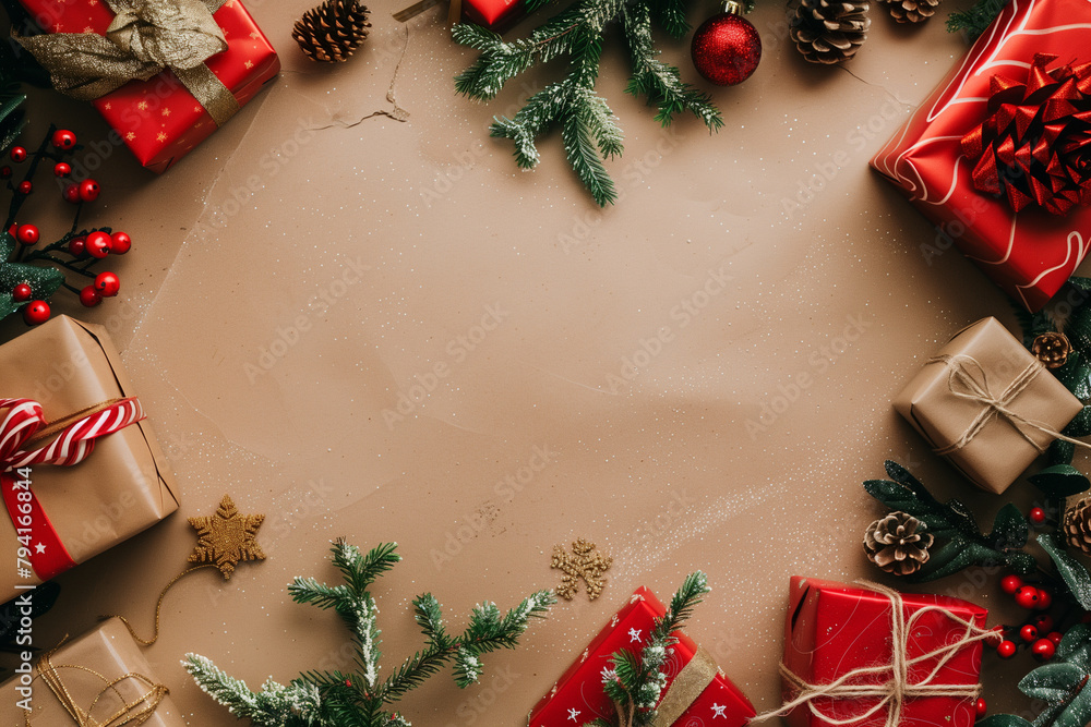 Poster a christmas tree with a white background and a bunch of ornaments and presents. the tree is surround