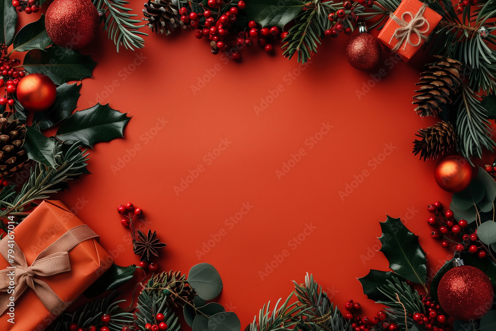 Poster a red background with a christmas tree decoration. the tree has a star on top and a pinecone on the 