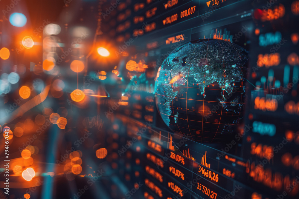 Poster an image of a digital globe displaying real-time stock market indices from around the world, highlig