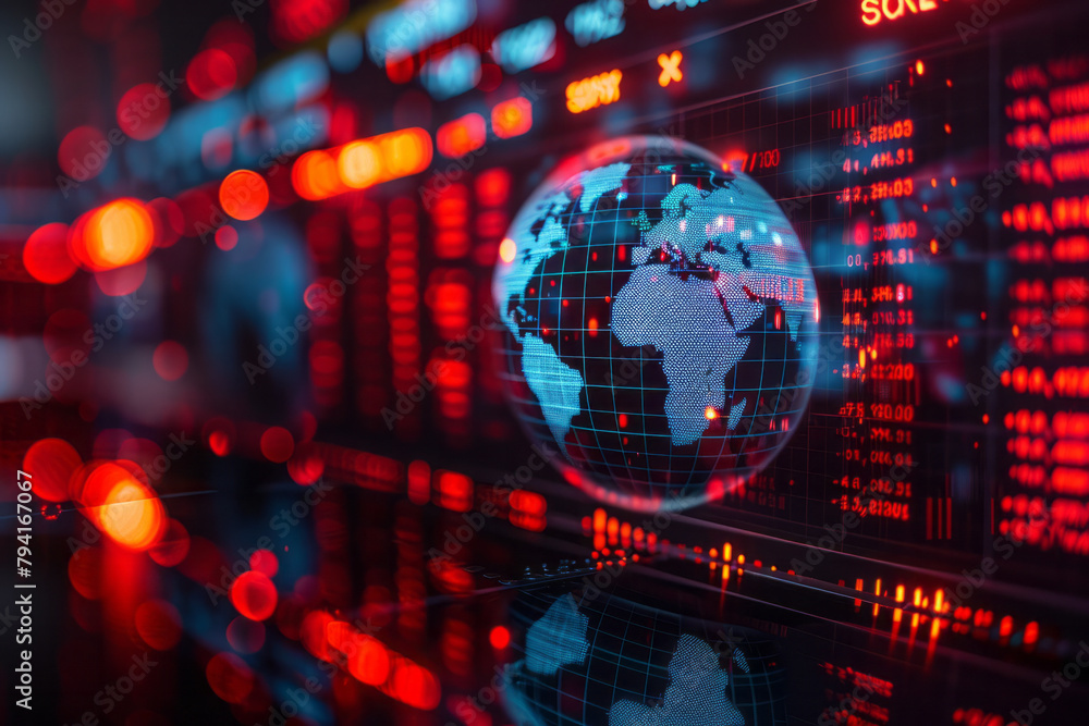 Poster an image of a digital globe displaying real-time stock market indices from around the world, highlig