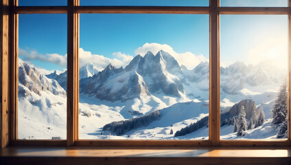 Alpine View Through Window Aperture: A Photo Real Image for Mountaineers and Ski Enthusiasts in Relax Area - obrazy, fototapety, plakaty