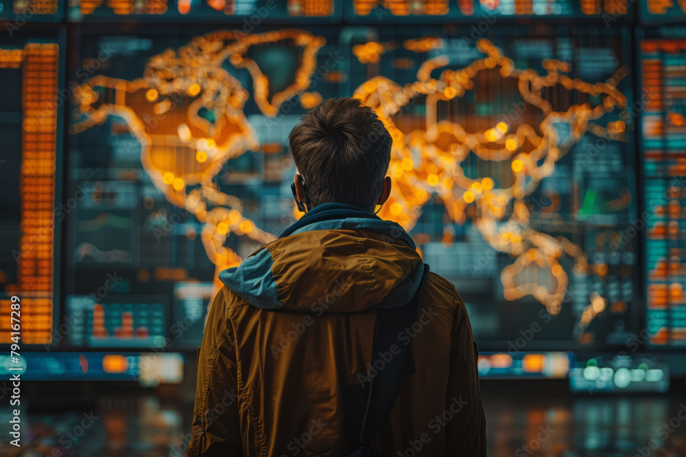 Poster an image of a financial analyst at a large screen displaying global cyber threat levels and their po