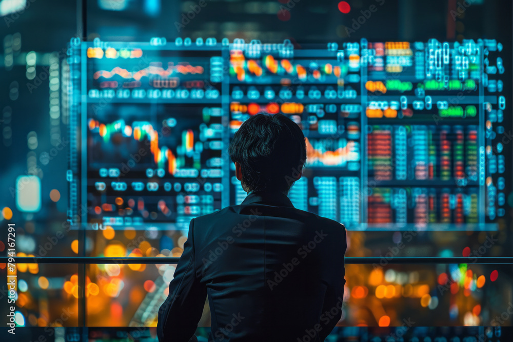 Poster an image of a financial analyst at a large screen displaying global cyber threat levels and their po