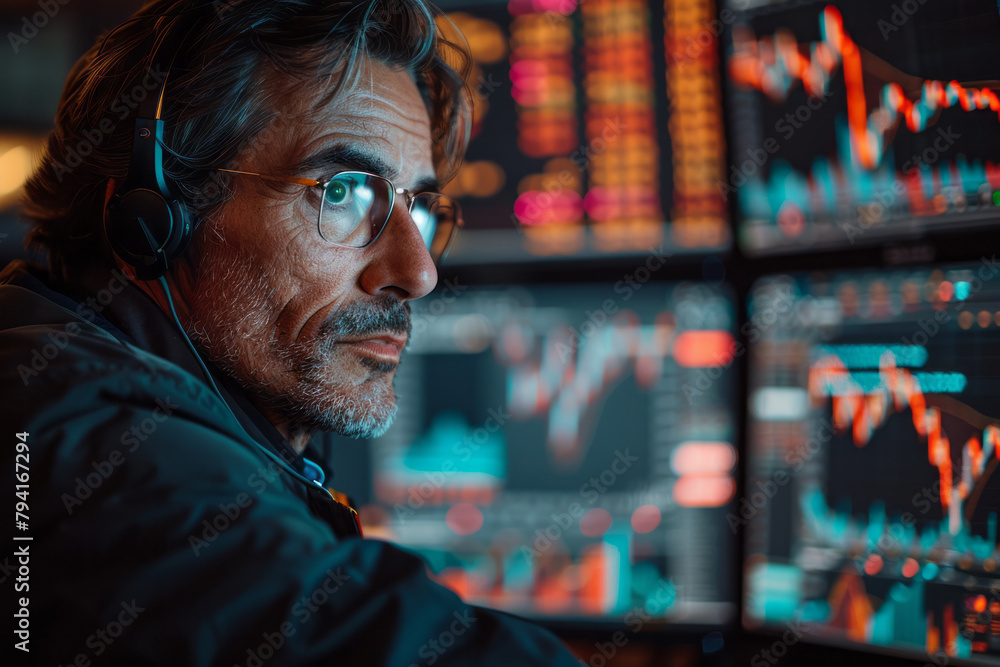 Poster an image of a financial analyst intently reviewing fluctuating stock market graphs on dual computer
