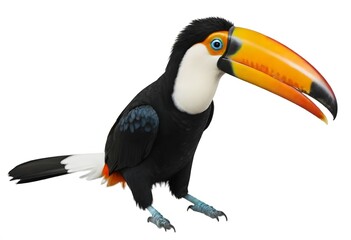 A close-up of a colorful toucan bird with a large orange beak, black and white feathers, and bright blue eyes