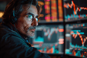 An image of a financial analyst intently reviewing fluctuating stock market graphs on dual computer - obrazy, fototapety, plakaty