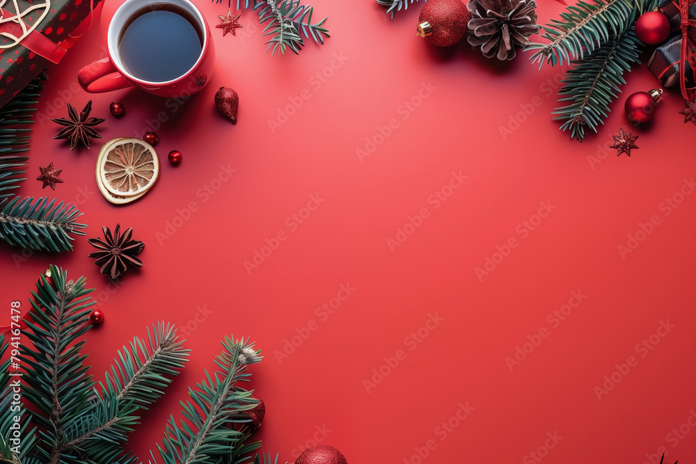 Poster a red background with a christmas tree decoration. the tree has a star on top and a pinecone on the 