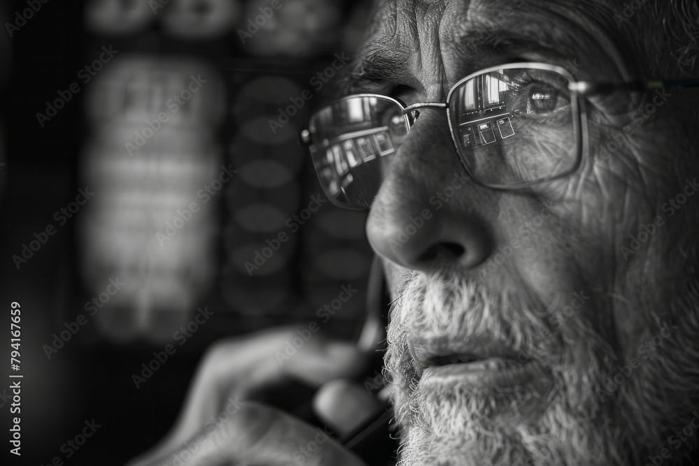 Poster an image of a trader taking a quick phone call, his face reflecting stress and concentration as he l
