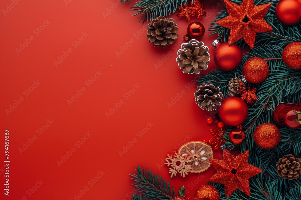 Poster a red background with a christmas tree decoration. the tree has a star on top and a pinecone on the 