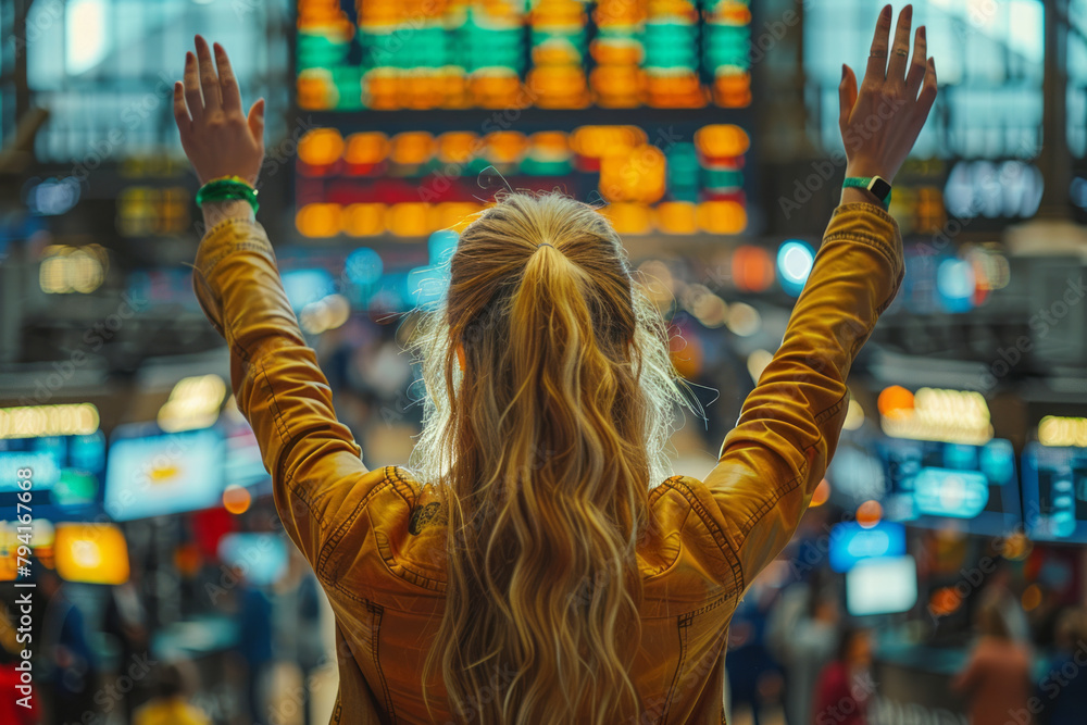 Poster an image of a trader waving her hands to signal a large transaction, surrounded by the bustling acti