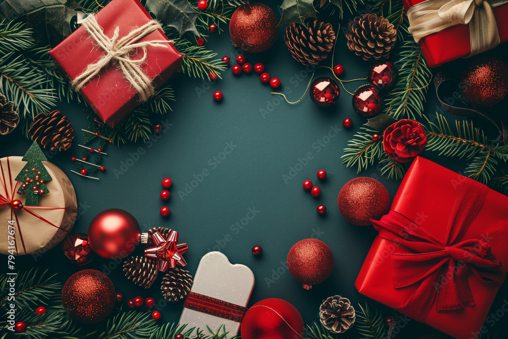 Poster a green background with a bunch of red boxes and christmas decorations. the boxes are of different s