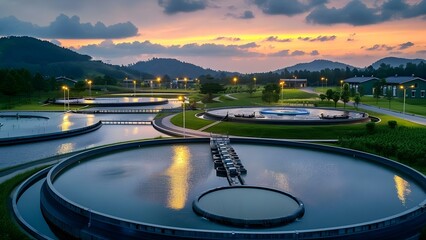 Advanced urban wastewater treatment plant built with modern technology and equipment. Concept Sustainable water treatment, Green infrastructure, Innovative wastewater solutions - obrazy, fototapety, plakaty