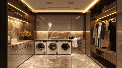 A modern, well-lit laundry room with a large washer and dryer