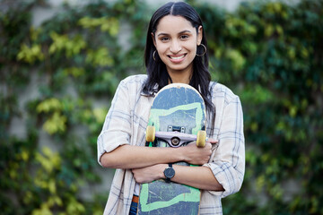 Happy, girl and portrait with skateboard at college, campus or travel in park on holiday or...