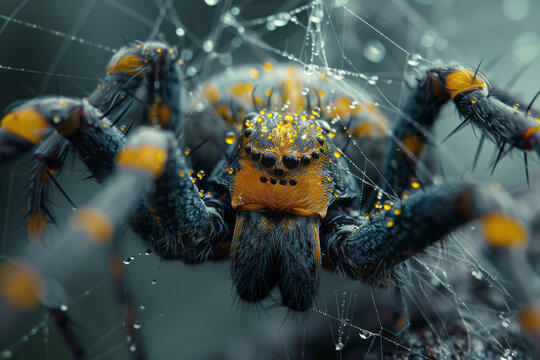 An image of a spider spinning its web, with a close-up on the silk proteins being formed and solidif