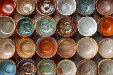 A collection of ceramic dishes ranging from sandy beige to deep terra cotta, each piece reflecting t - obrazy, fototapety, plakaty
