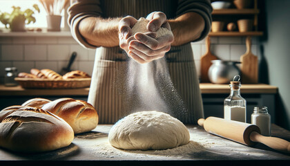 A baker sprinkling flour over a lump of bread dough on a kitchen counter - obrazy, fototapety, plakaty