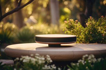 Round platform on top of stone table in garden. Product podium from wood, in green landscape, in sunset light, surrounded by trees and plants for outdoor stage
