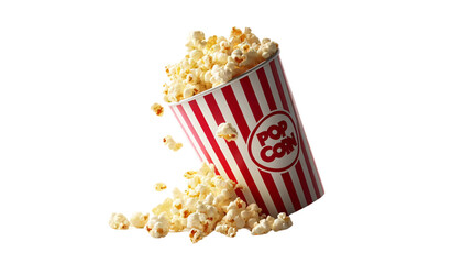 A classic red and white striped popcorn cup tipped over with popcorn spilling out on a transparent background
