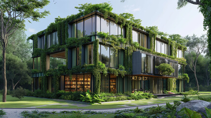 A large building with a lot of greenery growing on it