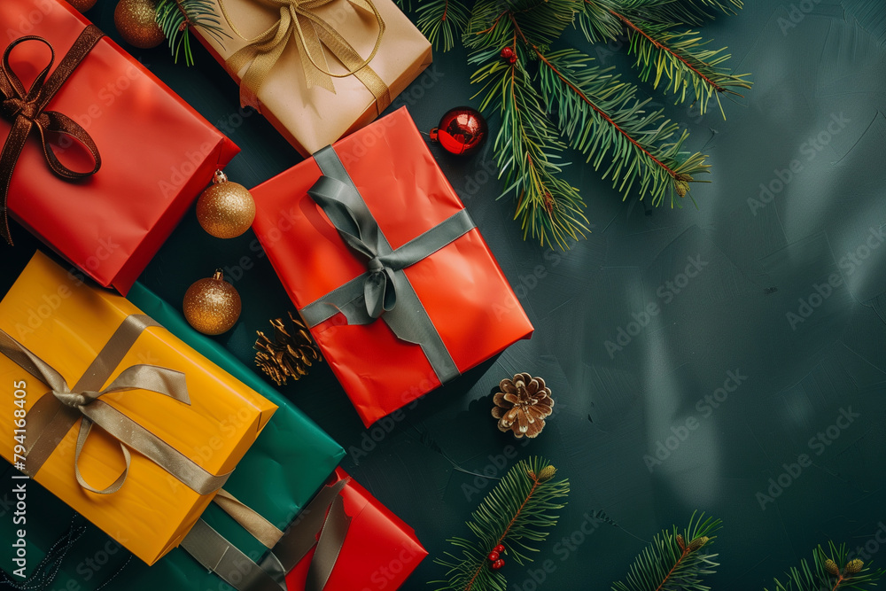 Poster a green background with a bunch of red boxes and christmas decorations. the boxes are of different s