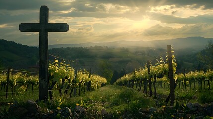 beauty of faith with a Christian cross set against a backdrop of rolling vineyards and distant mountains, captured in high resolution cinematic photography. - obrazy, fototapety, plakaty