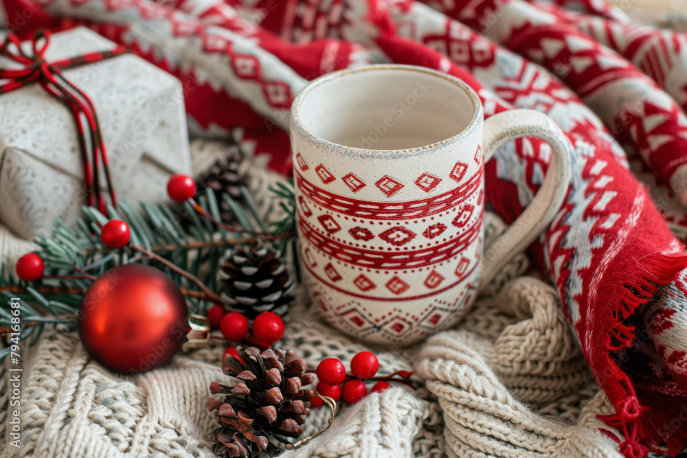 Poster a white mug with a snowflake design sits on a table with a christmas tree and presents. the scene co