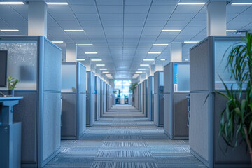 Office cubicles with privacy screens that simulate looking out from a spaceshipâ€™s window, offering