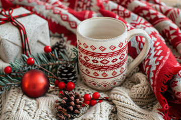 Obraz na płótnie Canvas A white mug with a snowflake design sits on a table with a Christmas tree and presents. The scene conveys a festive and joyful mood, as it is a typical setting for the holiday season