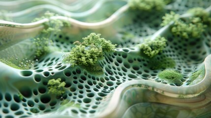 Close-up of a green alien landscape with hills and vegetation - obrazy, fototapety, plakaty