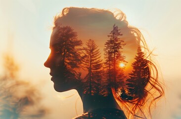 Double exposure of a woman's portrait and a forest silhouette. A beautiful girl with a double exposure of trees and a sunset sky, Calm peaceful scene - obrazy, fototapety, plakaty