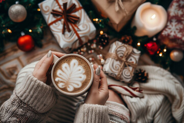 A person holding a mug of coffee with a leaf design on it. The coffee is hot and the person is wearing a white sweater. The scene is set in a cozy and warm atmosphere