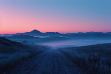 Obraz premium A dawn landscape where the sky is a gradient from deep indigo to soft peach, reflecting the transiti
