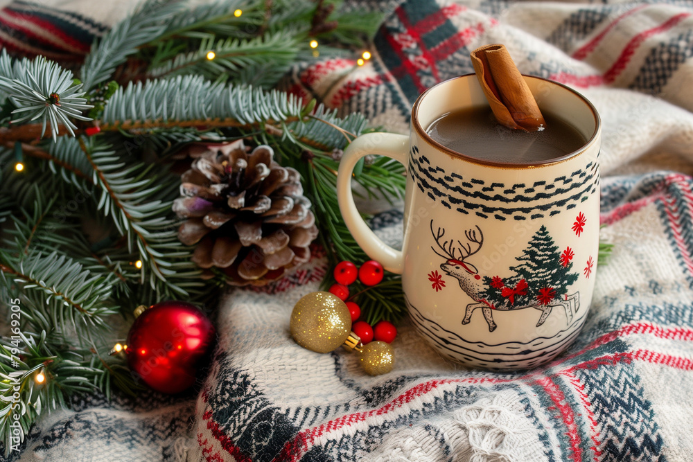 Poster a white mug with a snowflake design sits on a table with a christmas tree and presents. the scene co