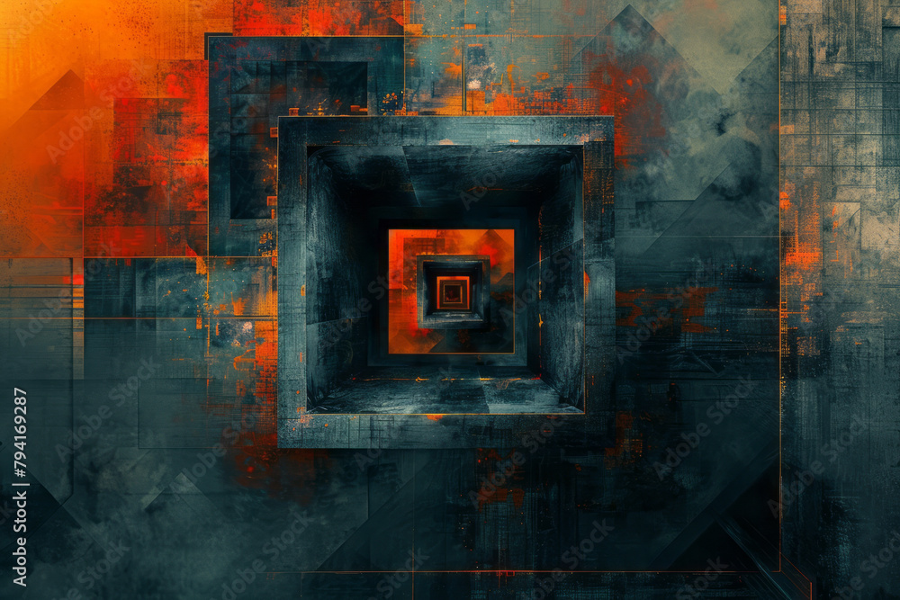 Aufkleber a digital art piece where a simple square grid evolves complex fractal interruptions, each iteration