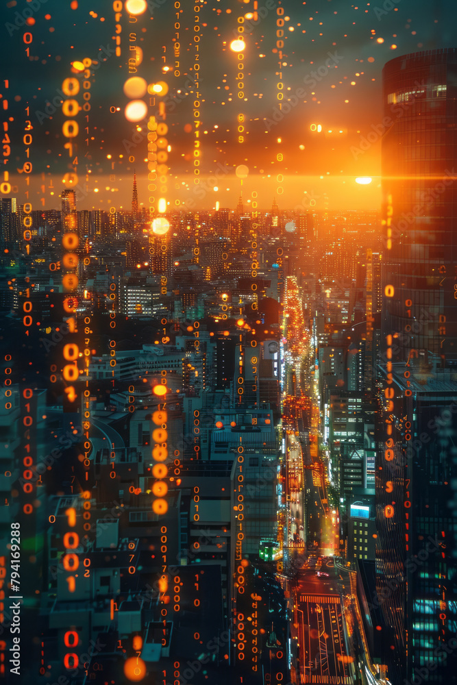 Aufkleber a background of cascading binary code that morphs into a cityscape, symbolizing the digital foundati