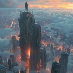 man stands atop a sky-high futuristic structure and looking down on the city below, digital art style, illustration painting