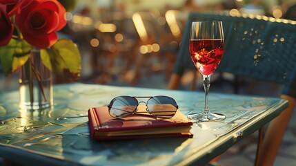  An illustration of a pair of sunglasses sitting on a book next to a glass of red wine on a summers day