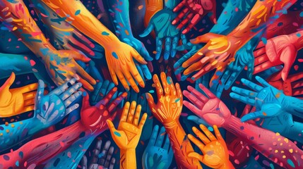 Colorful hands reaching out to each other in unity.