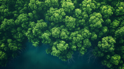 A lush green forest with a body of water in the foreground
