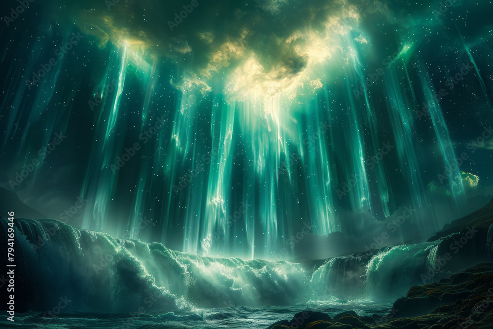 Aufkleber a digital aurora borealis, with curtains of light that shift and flow based on viewer interactions,