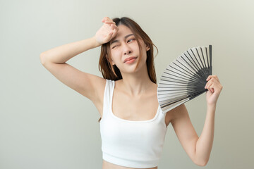 Face expression of human. Asian beautiful female expression feeling hot weather in the summer day...