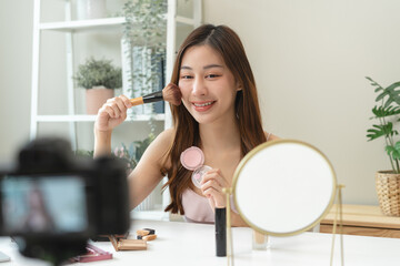 Social media influencer beauty blogger concept, Young beautiful woman recording video review...